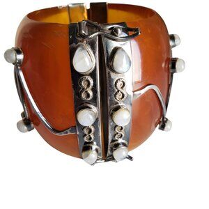 HUGE!! Amber, Sterling Silver & Moonstone Cuff Bracelet
